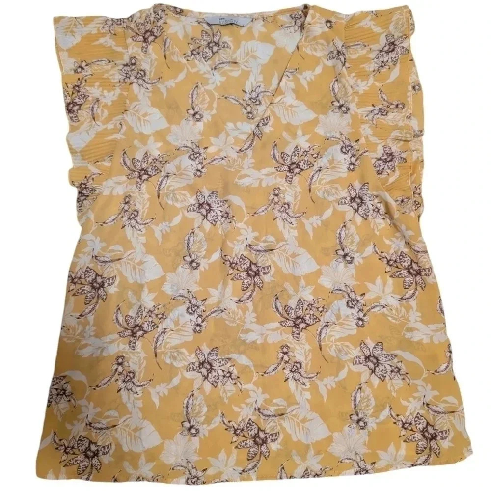 Low Vision short sleeve yellow blouse floral crew neck women’s SZ Large.